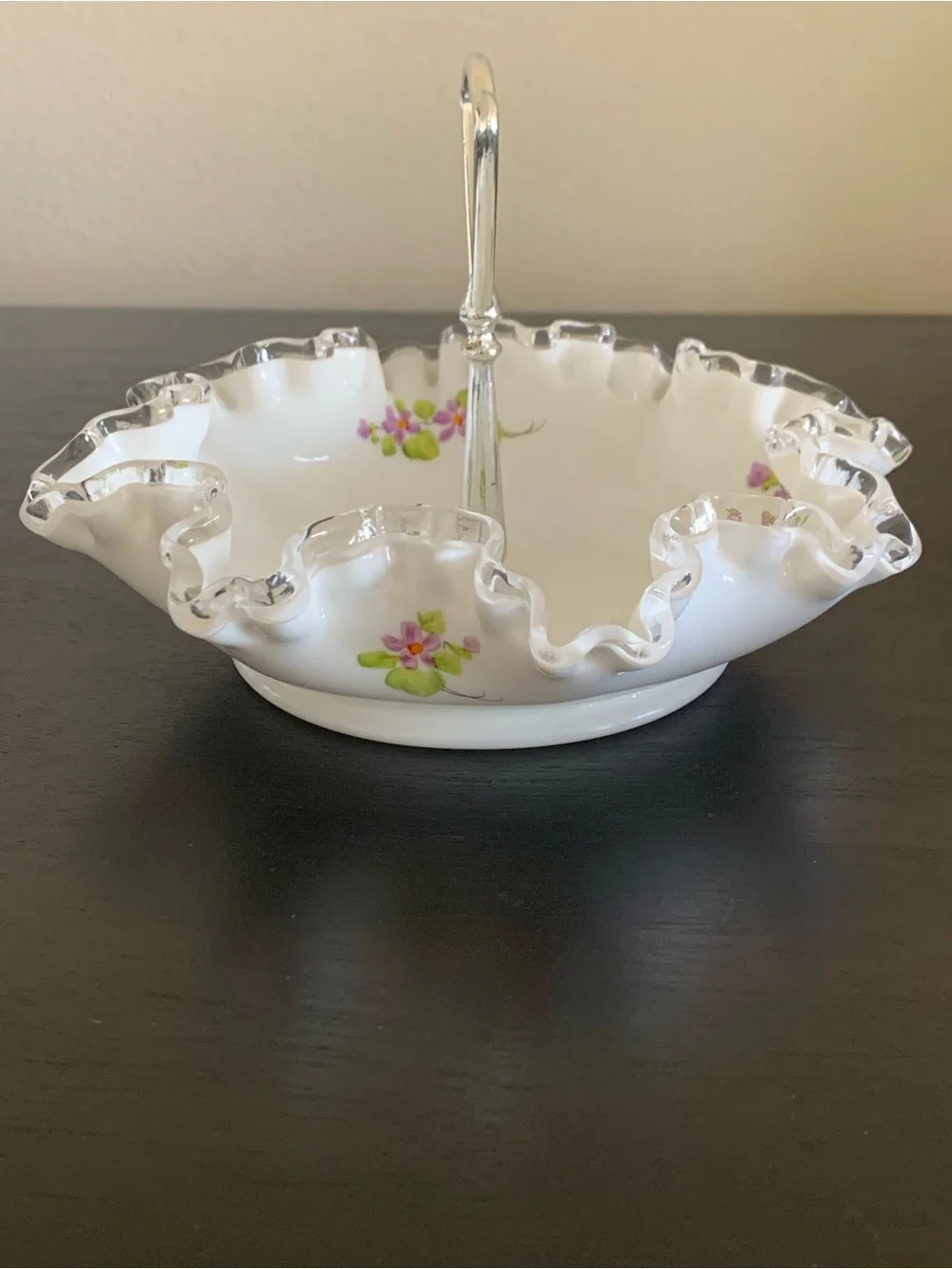 Vtg Fenton Violets in the Snow Milk Glass Candy Bon Bon Dish Signed M. Dickinson